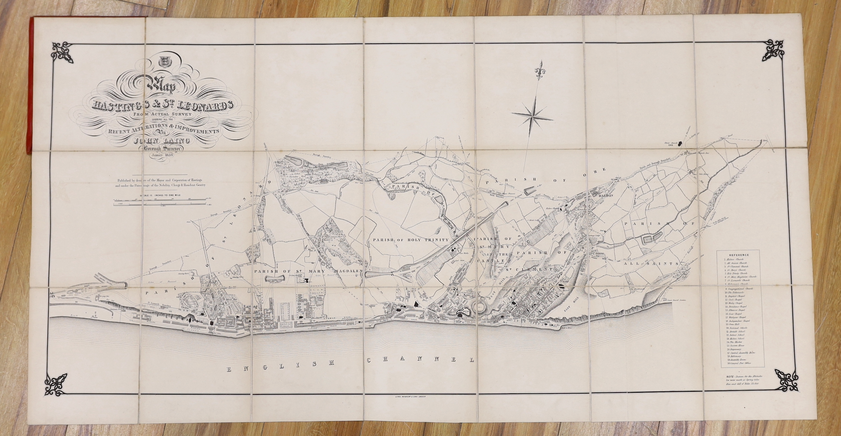 HASTINGS - Laing, John (Borough Surveyor) - Map of Hastings and St. Leonards, on linen in red cloth binding with gilt lettering, scale: 12 inches to 1 mile, Hastings, January 1859, 68.5 x 131cms